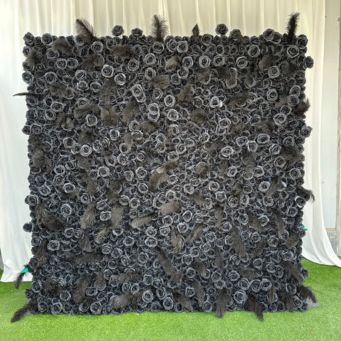 Black Rose Flower Wall Artificial with Feathers Backdrop for Wedding Photo Booth Studio Party Event Decoration