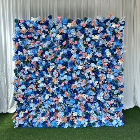 Blue Artificial Rose Peony Flower Wall White Pink Accent Backdrop for Wedding Photo Booth Studio Party Event Decor