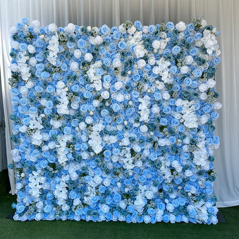 Blue White Artificial Rose Hydrangea Flower Wall Glam Backdrop for Wedding Photo Booth Studio Party Event Decor
