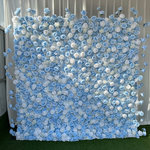 Blue White Artificial Rose Wall Ombre Flower Wall Backdrop for Wedding Photo Booth Studio Party Event Decoration