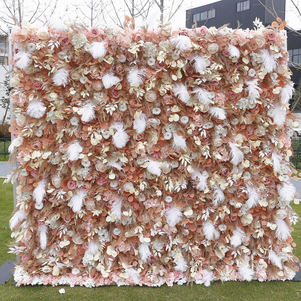 Custom Artificial Feather Rose Silk Fabric Flower Wall for Wedding Stage Backdrop Decorative