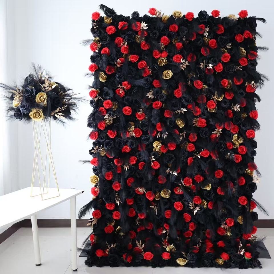 Customized Gold and Black Rose Feather Flower Wall Artificial Flower Wall Wedding Backdrop Wedding Party Halloween