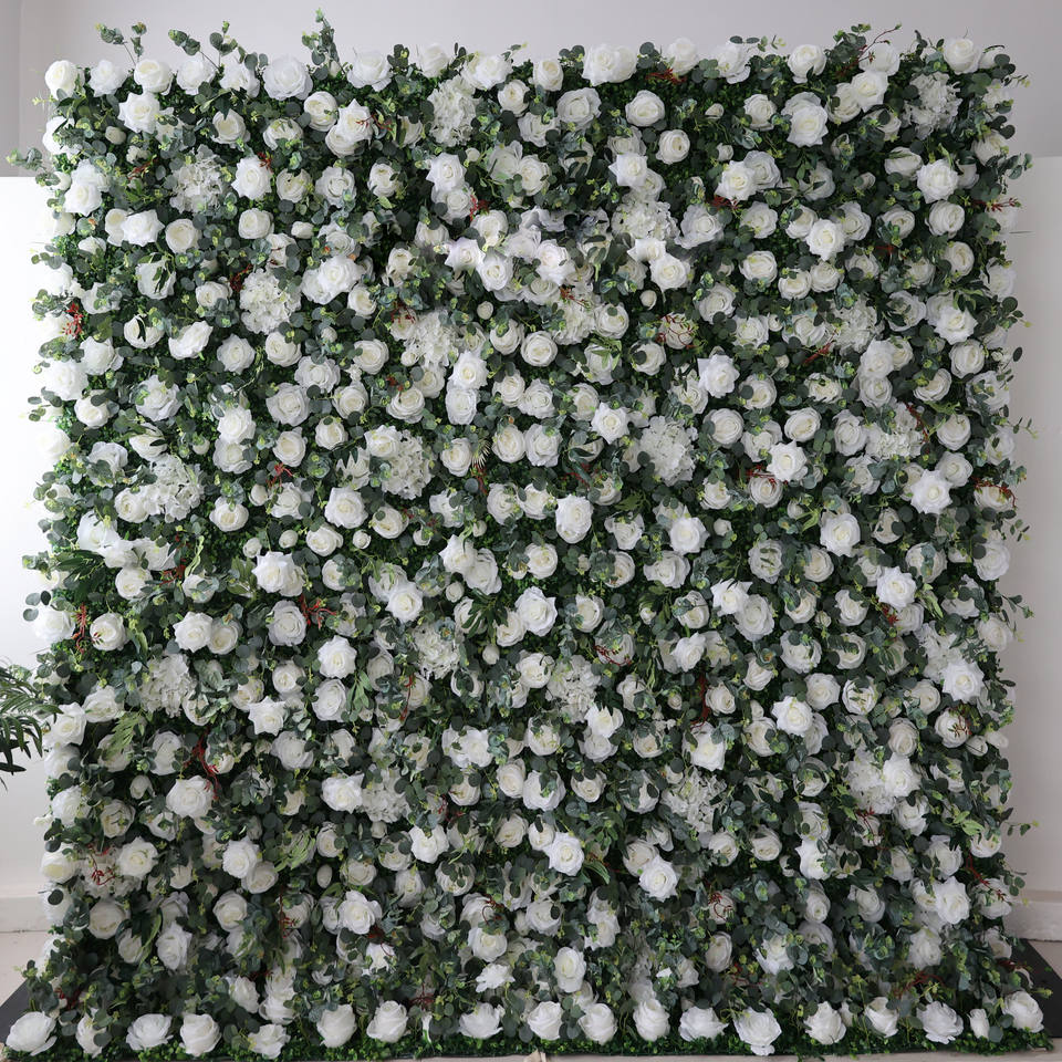 Floral Wall 3D Roll-Up Hanging Ivory Rose Hydrangea Artificial Silk White Flower Wall Backdrop for Wedding Decoration Party