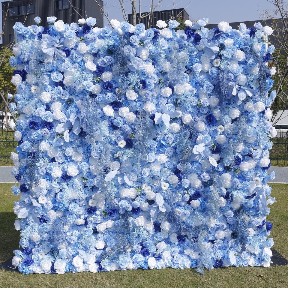 Blue Decorative Floral Artificial Flower Wall 5D Roll Up Cloth Silk Rose Artificial Flower Wall for Party Decor