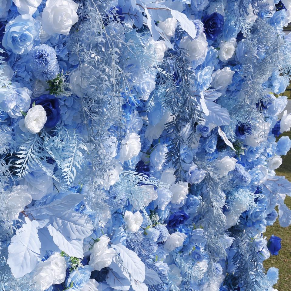 Blue Decorative Floral Artificial Flower Wall 5D Roll Up Cloth Silk Rose Artificial Flower Wall for Party Decor