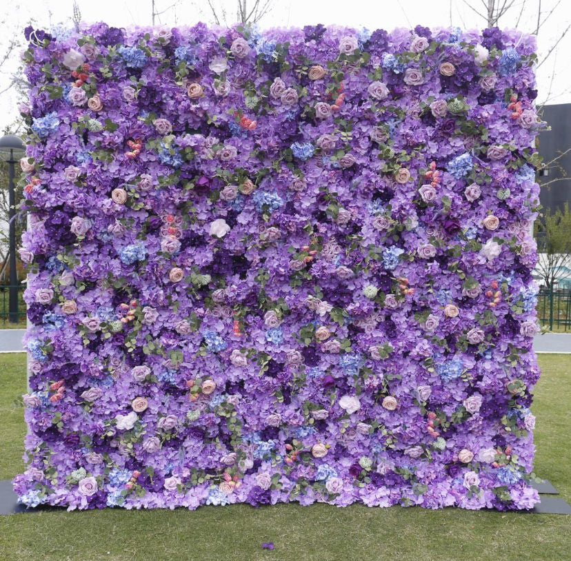 Purple 3D Roll-Up Floral Wall Backdrop Artificial Silk Flower Wall Panel for Baby Shower Wedding Mall Decor