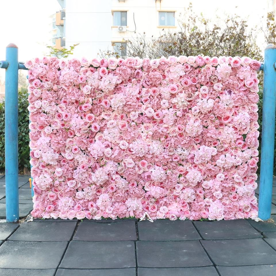 Artificial Silk 3D Roll-Up Hanging Pink Artificial Flowers Wall Wedding Decoration Flower Wall Panel for Wedding Home Decor