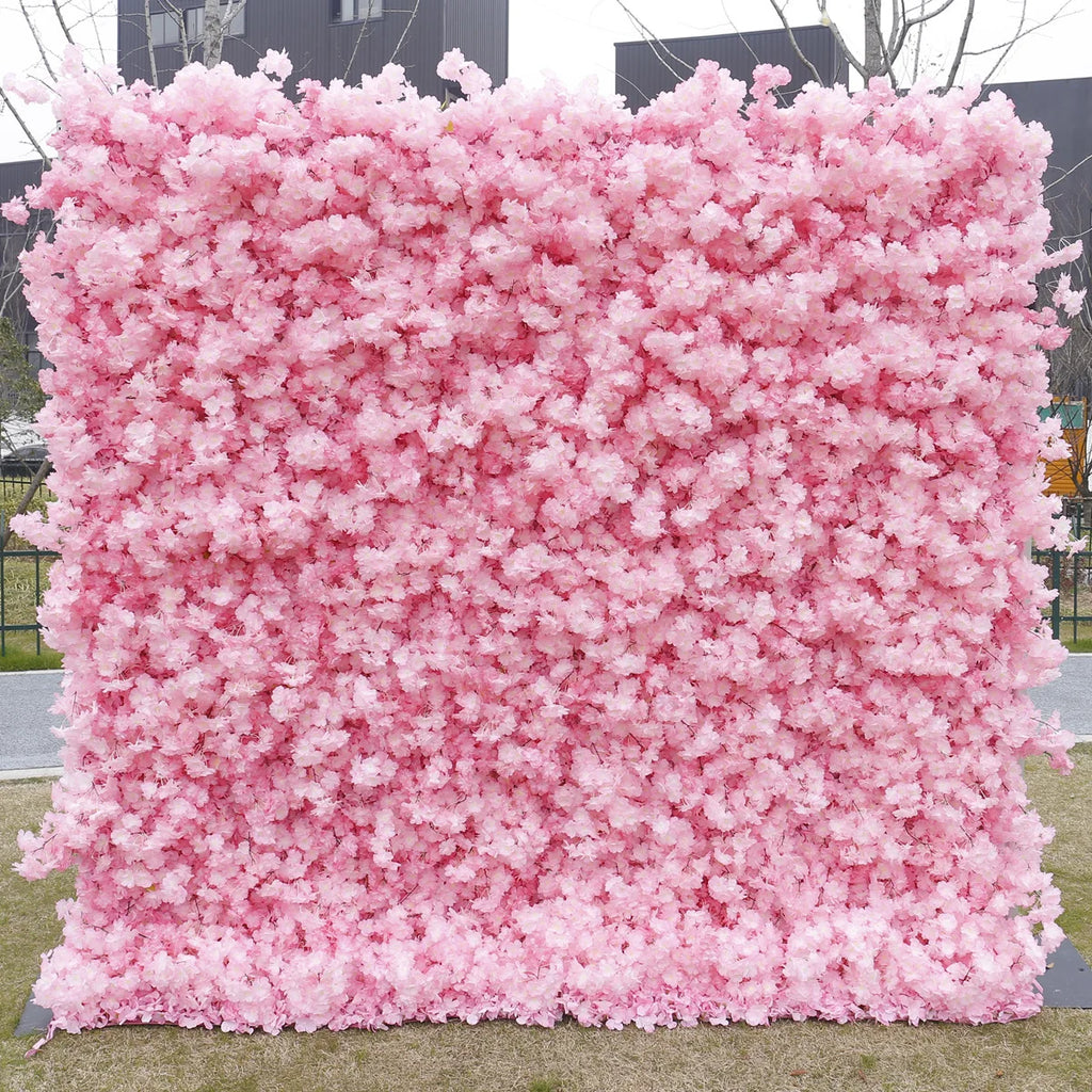 Customized 4D Roll Up Artificial Pink Flower Wall Backdrop Cherry Blossom Fabric Base Flower Wall Home Wedding Decorations