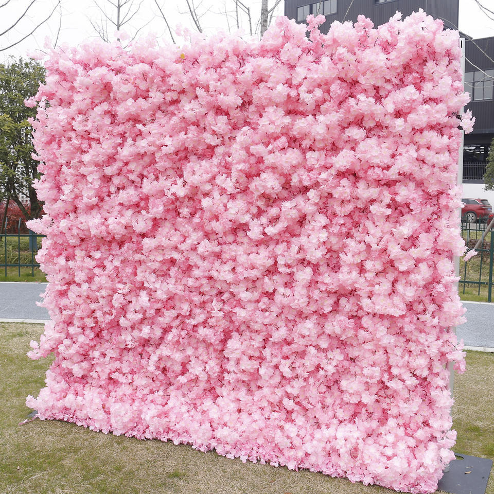 Customized 4D Roll Up Artificial Pink Flower Wall Backdrop Cherry Blossom Fabric Base Flower Wall Home Wedding Decorations