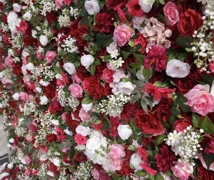 Artificial Flower Wall Decorative Background 3D Roll-Up Silk Ired Rose Flowers Wall Cloth Flower Wall