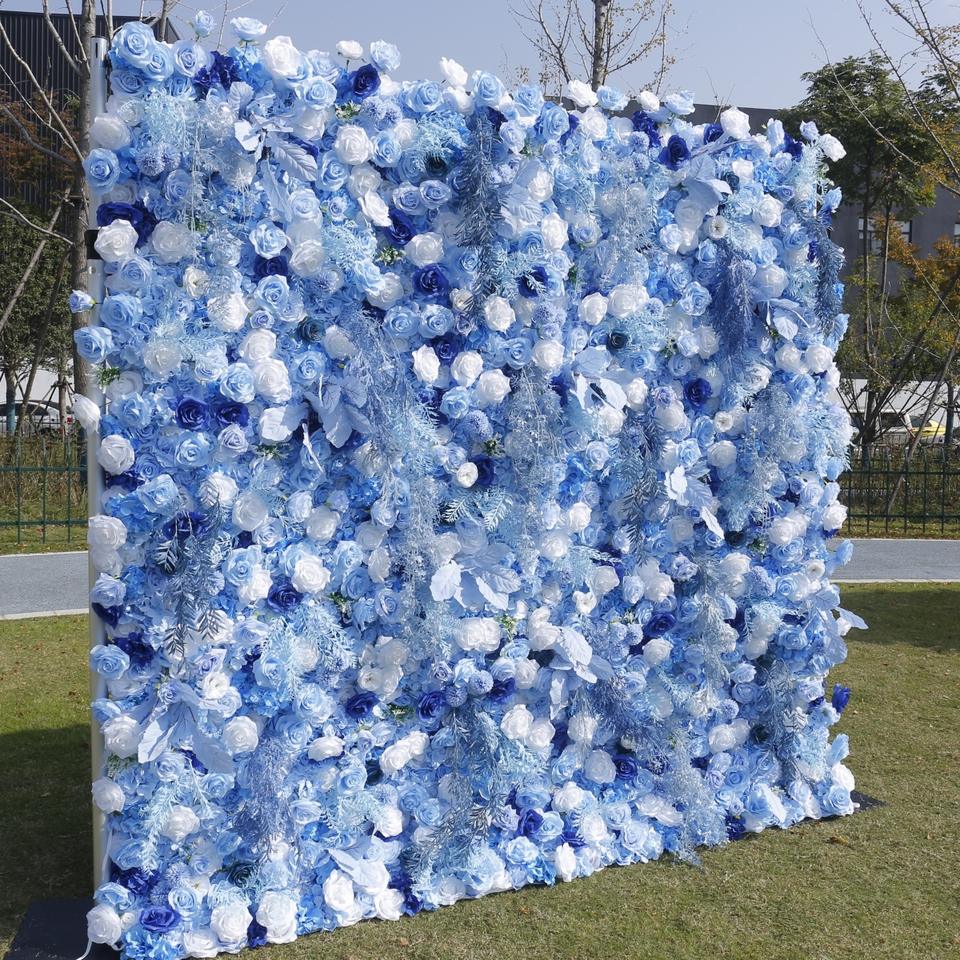 Blue Decorative Floral Artificial Flower Wall 5D Roll Up Cloth Silk Rose Artificial Flower Wall for Party Decor