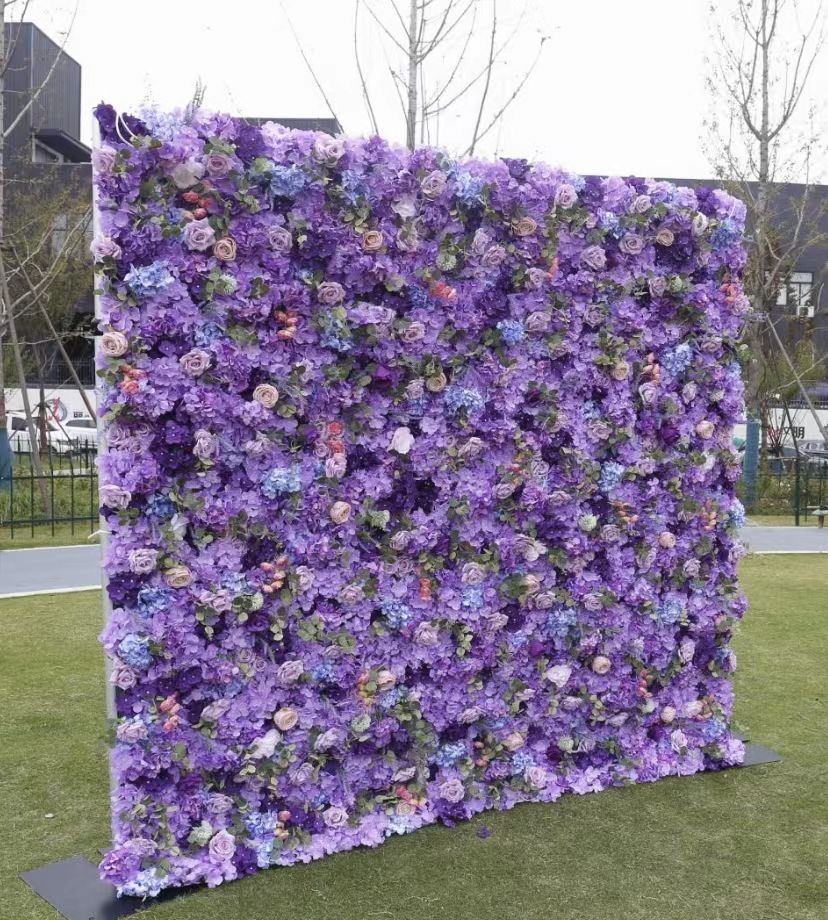 Purple 3D Roll-Up Floral Wall Backdrop Artificial Silk Flower Wall Panel for Baby Shower Wedding Mall Decor