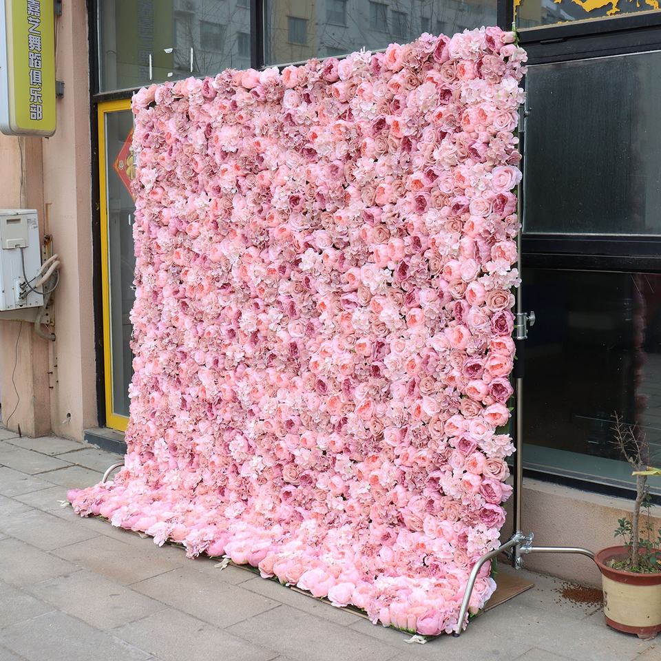Wedding Decoration Custom 3D Roll-Up Cloth Flower Wall Backdrop Artificial Silk Pink Peony Rose Wall Flower Wall Wedding