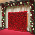 Customized 3D Roll-Up Artificial Red Flower Wall Backdrop With Green Leaves Fabric Base for Home Wedding Wall Decorations