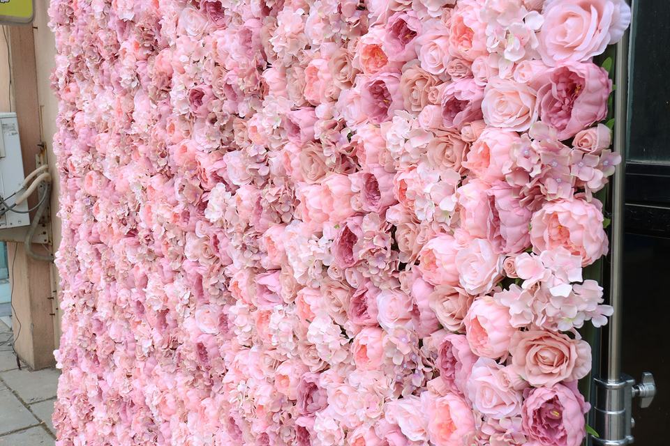 Wedding Decoration Custom 3D Roll-Up Cloth Flower Wall Backdrop Artificial Silk Pink Peony Rose Wall Flower Wall Wedding