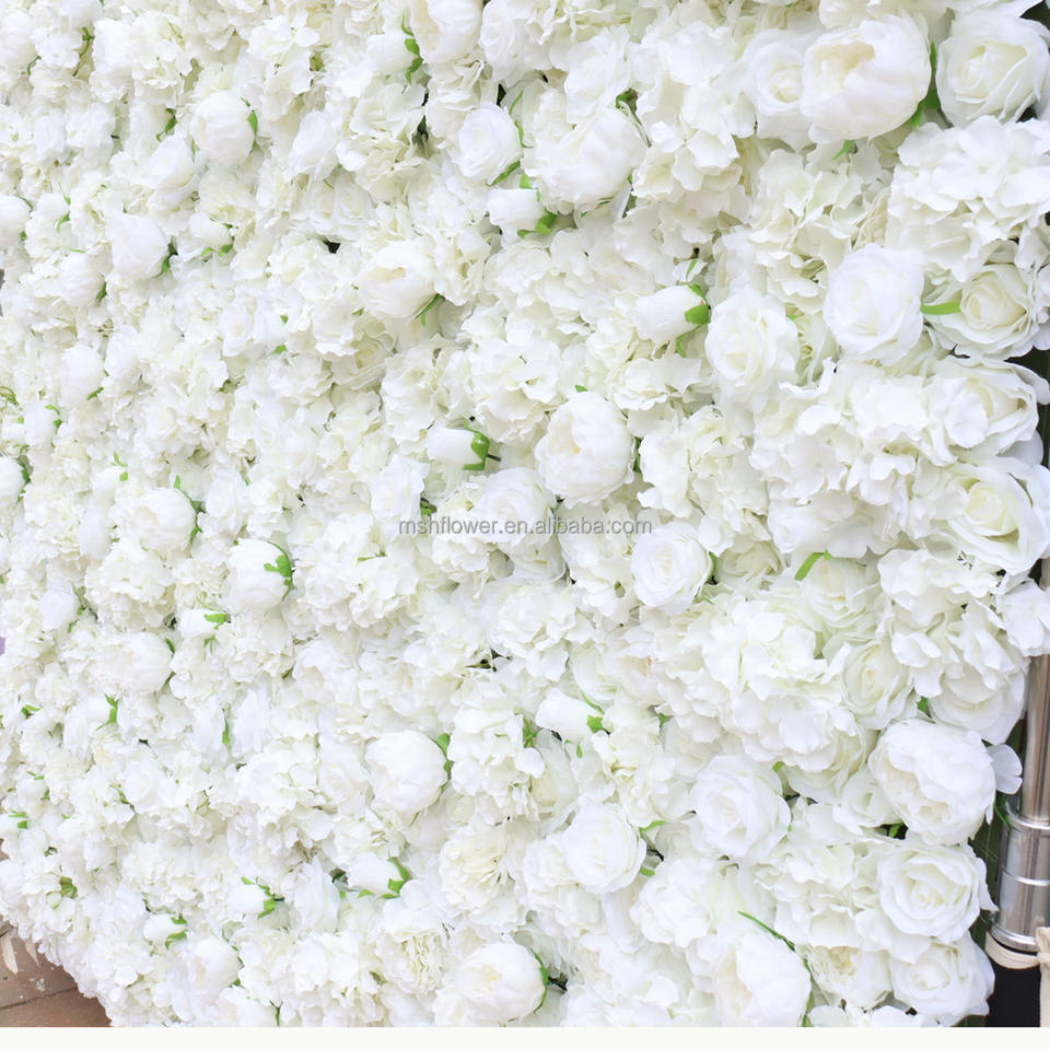 Rustic Flower Wall Decor Background 3D Roll-Up Silk Ivory White Rose Flowers Wall Backdrop Cloth Flower Wall Artificial