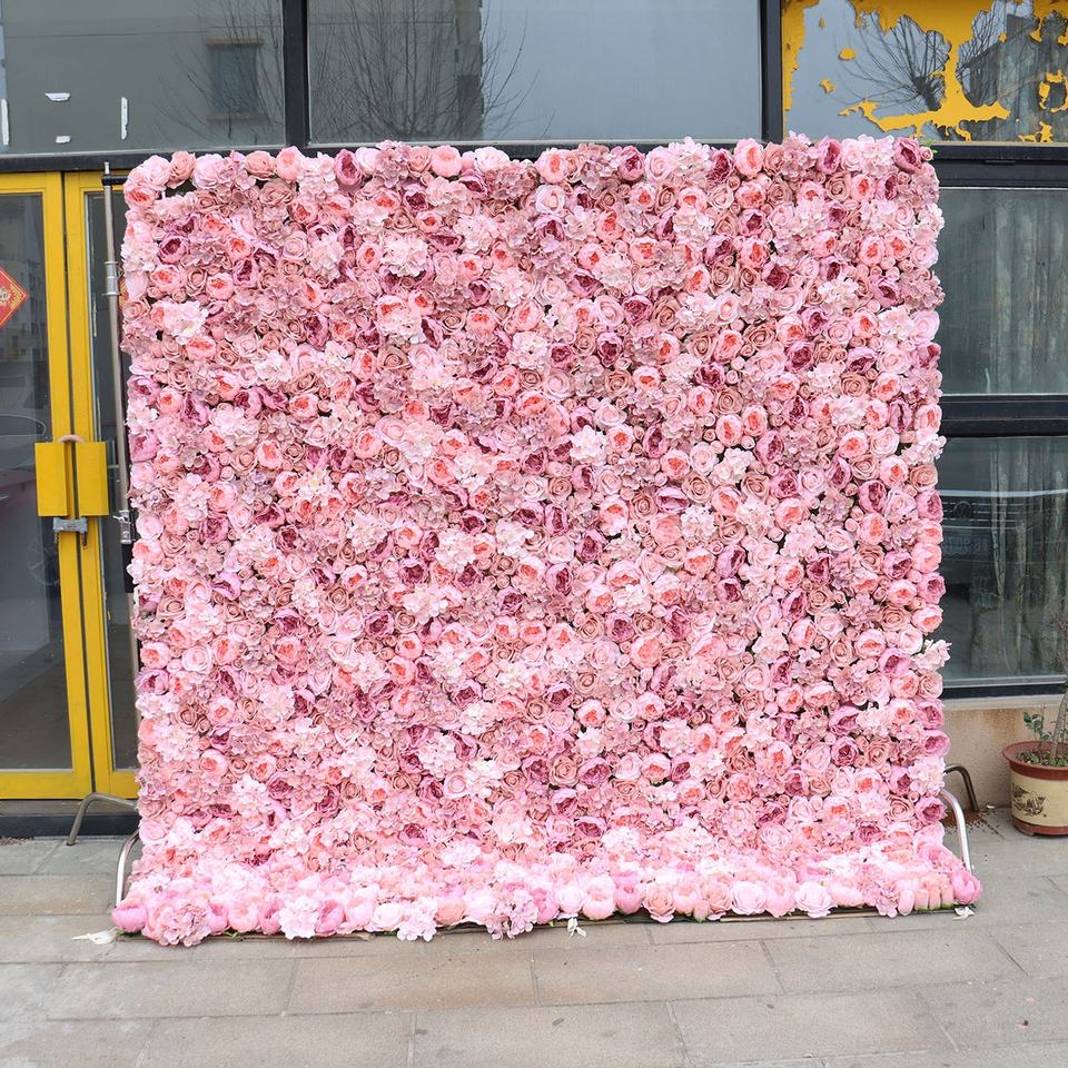 Wedding Decoration Custom 3D Roll-Up Cloth Flower Wall Backdrop Artificial Silk Pink Peony Rose Wall Flower Wall Wedding