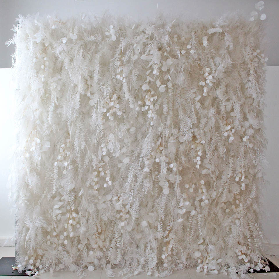 Floral Wall 3D Roll-Up Hanging Ivory Rose Hydrangea Artificial Silk White Flower Wall Backdrop for Wedding Decoration Party