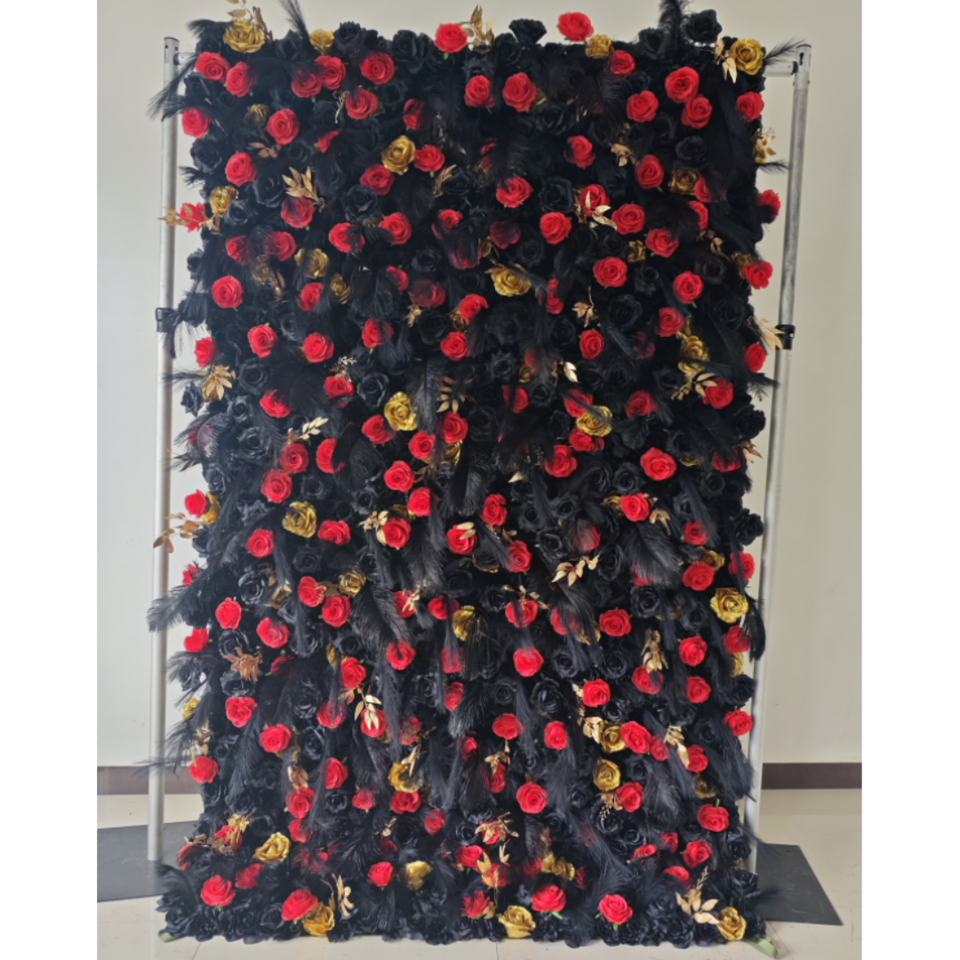 Customized Gold and Black Rose Feather Flower Wall Artificial Flower Wall Wedding Backdrop Wedding Party Halloween