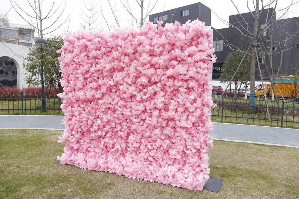 Customized 4D Roll Up Artificial Pink Flower Wall Backdrop Cherry Blossom Fabric Base Flower Wall Home Wedding Decorations