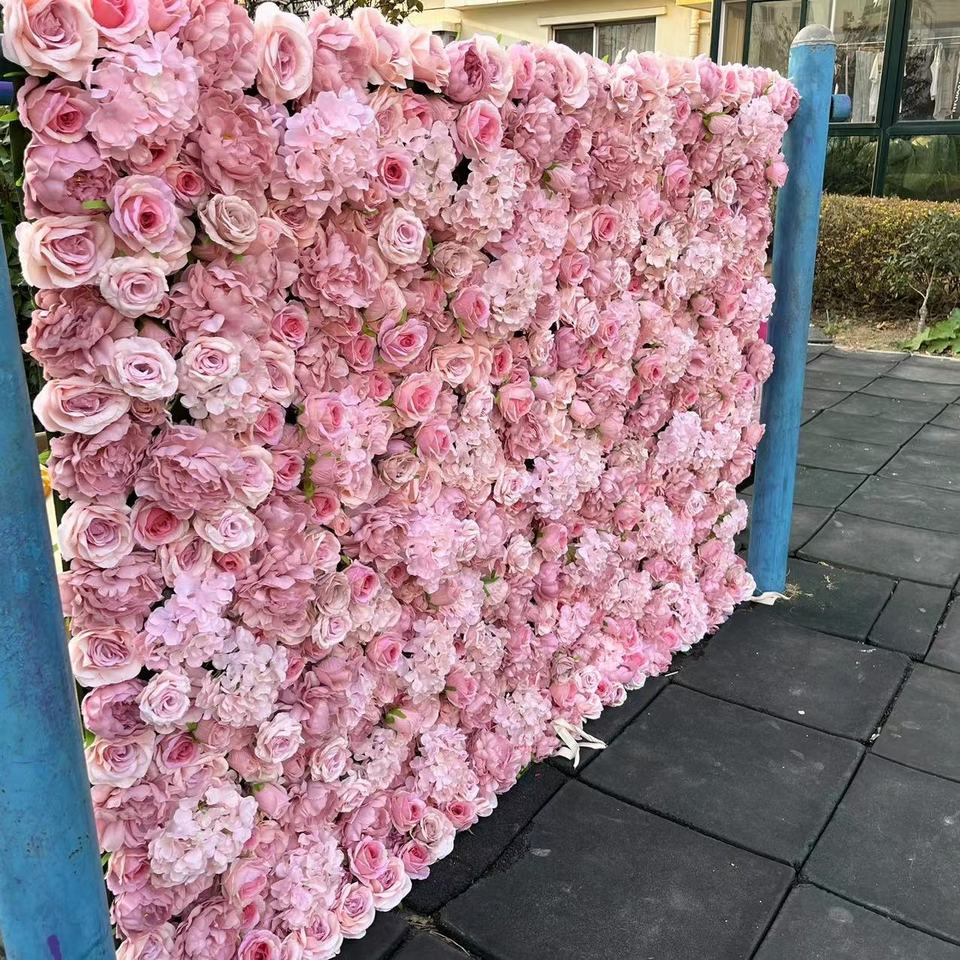Artificial Silk 3D Roll-Up Hanging Pink Artificial Flowers Wall Wedding Decoration Flower Wall Panel for Wedding Home Decor