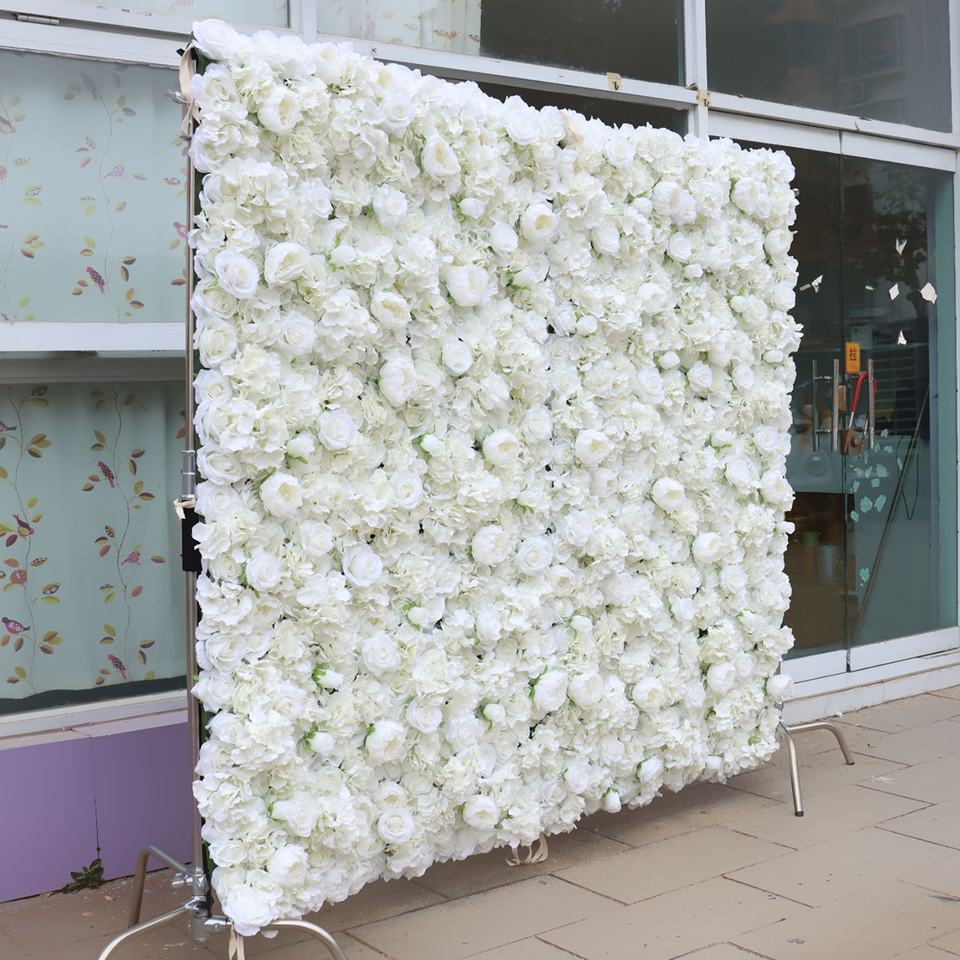 Rustic Flower Wall Decor Background 3D Roll-Up Silk Ivory White Rose Flowers Wall Backdrop Cloth Flower Wall Artificial