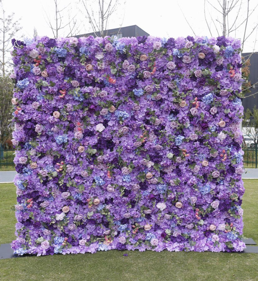 Purple 3D Roll-Up Floral Wall Backdrop Artificial Silk Flower Wall Panel for Baby Shower Wedding Mall Decor