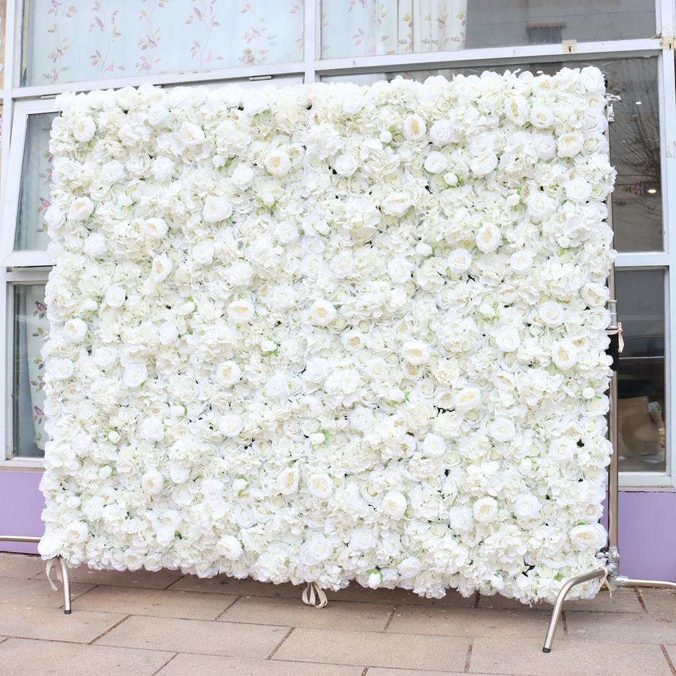 Rustic Flower Wall Decor Background 3D Roll-Up Silk Ivory White Rose Flowers Wall Backdrop Cloth Flower Wall Artificial
