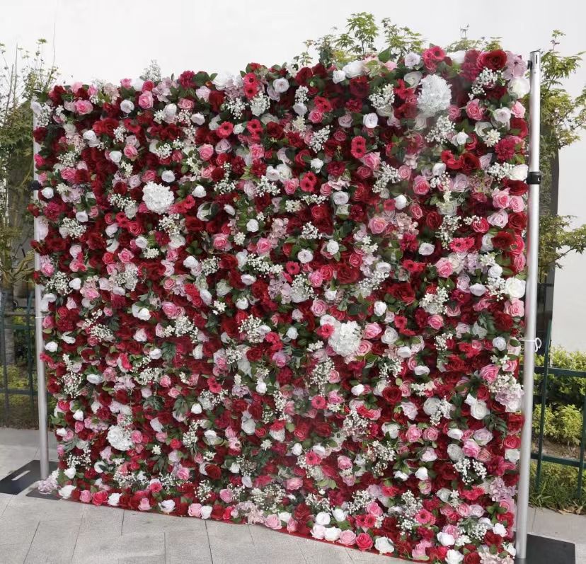 Artificial Flower Wall Decorative Background 3D Roll-Up Silk Ired Rose Flowers Wall Cloth Flower Wall