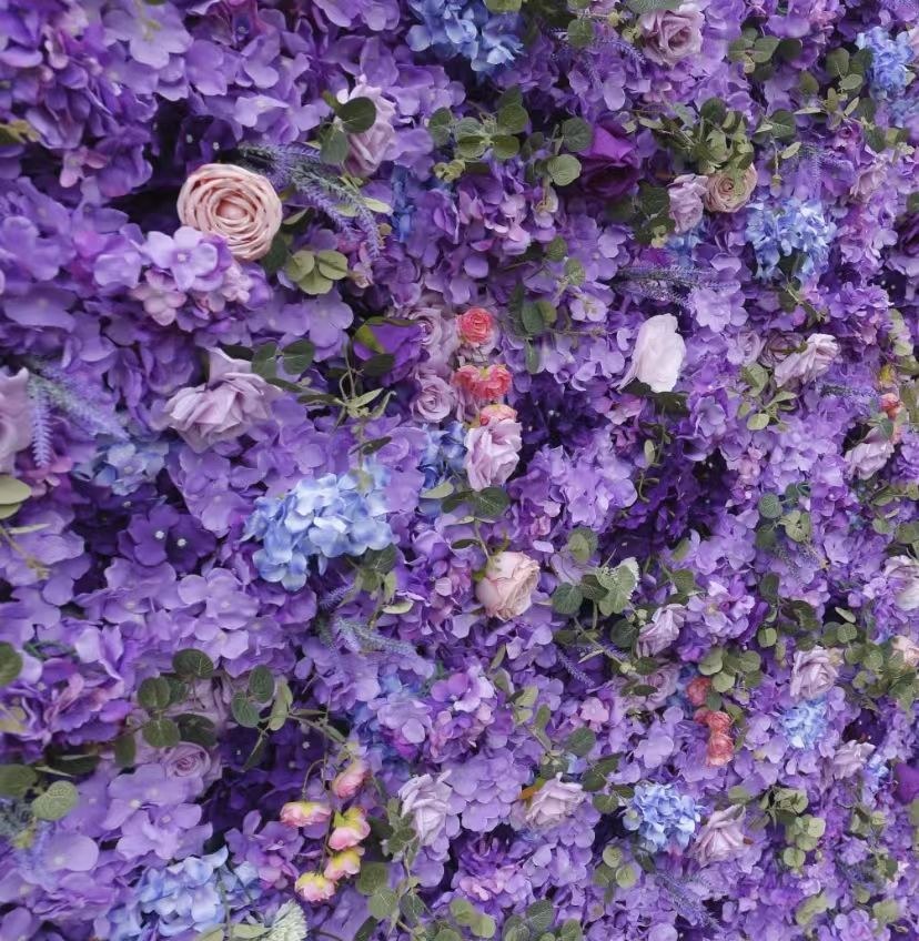 Purple 3D Roll-Up Floral Wall Backdrop Artificial Silk Flower Wall Panel for Baby Shower Wedding Mall Decor