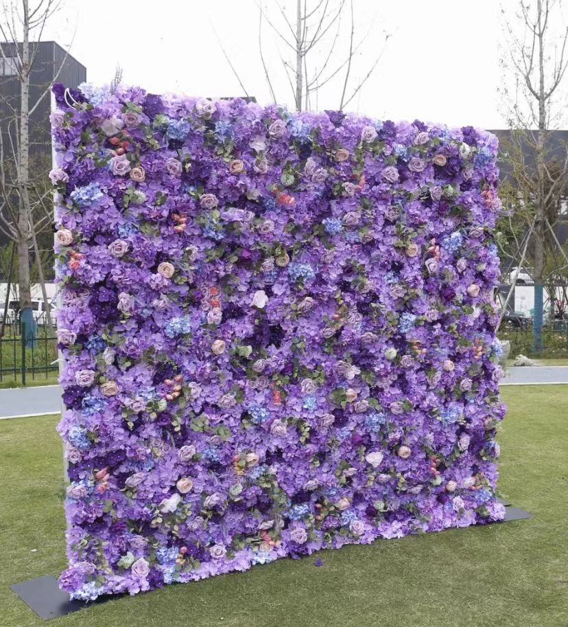 Purple 3D Roll-Up Floral Wall Backdrop Artificial Silk Flower Wall Panel for Baby Shower Wedding Mall Decor