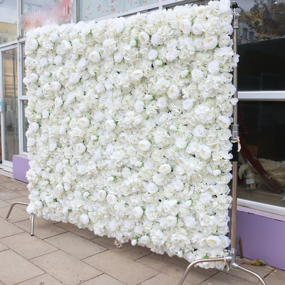 Rustic Flower Wall Decor Background 3D Roll-Up Silk Ivory White Rose Flowers Wall Backdrop Cloth Flower Wall Artificial