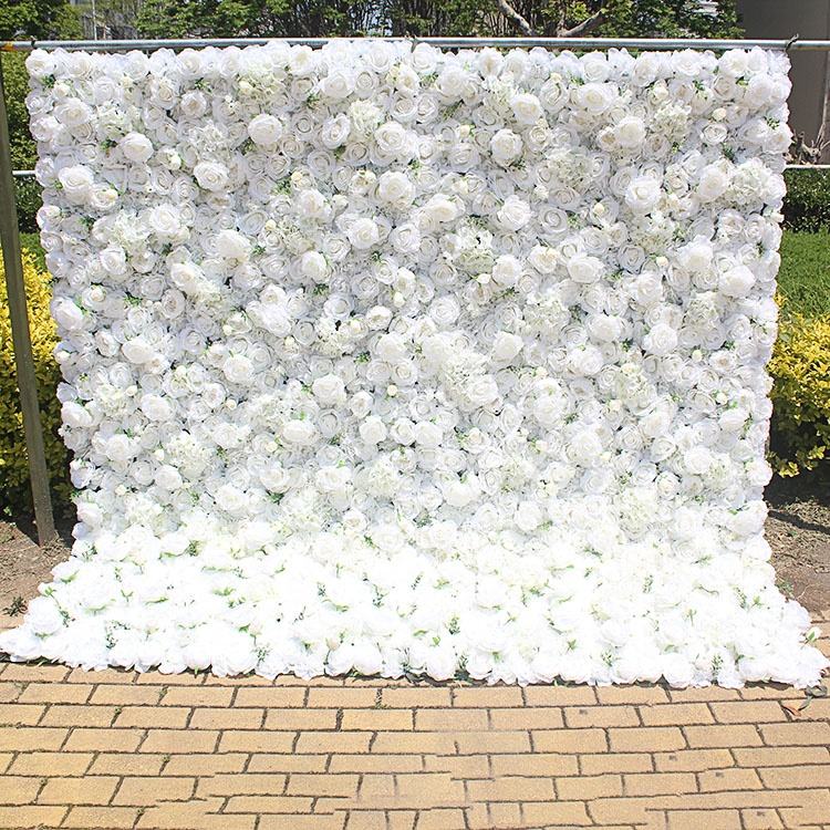 Floral Wall 3D Roll-Up Hanging Ivory Rose Hydrangea Artificial Silk White Flower Wall Backdrop for Wedding Decoration Party