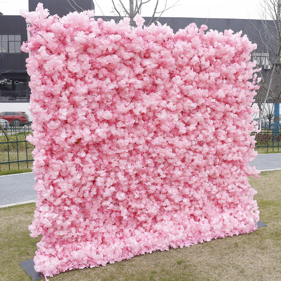 Customized 4D Roll Up Artificial Pink Flower Wall Backdrop Cherry Blossom Fabric Base Flower Wall Home Wedding Decorations
