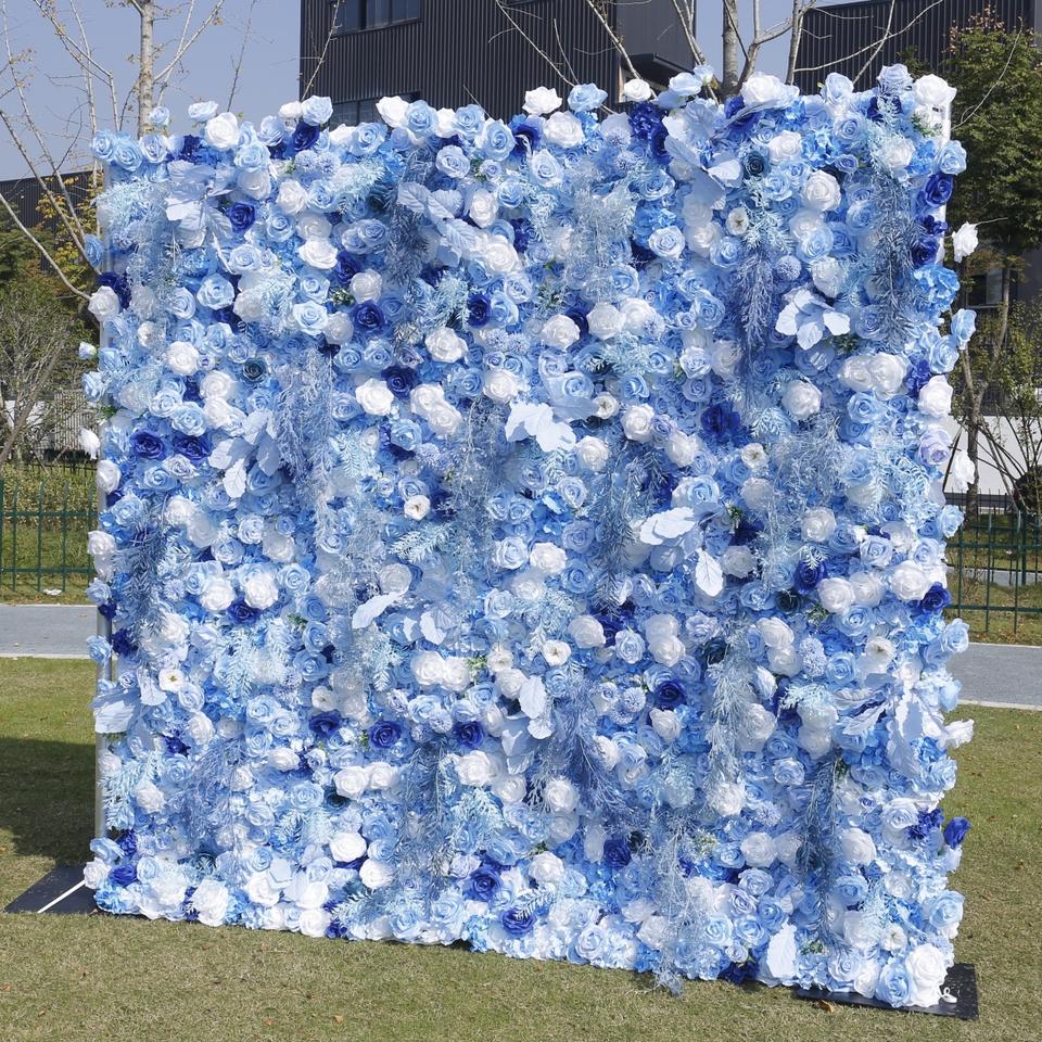 Blue Decorative Floral Artificial Flower Wall 5D Roll Up Cloth Silk Rose Artificial Flower Wall for Party Decor