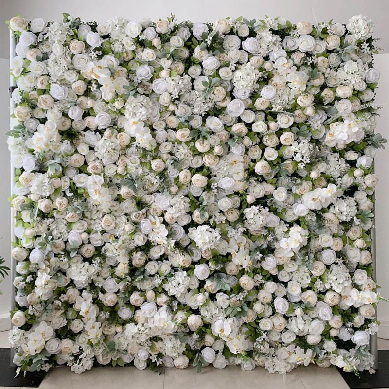 Floral Wall 3D Roll-Up Hanging Ivory Rose Hydrangea Artificial Silk White Flower Wall Backdrop for Wedding Decoration Party