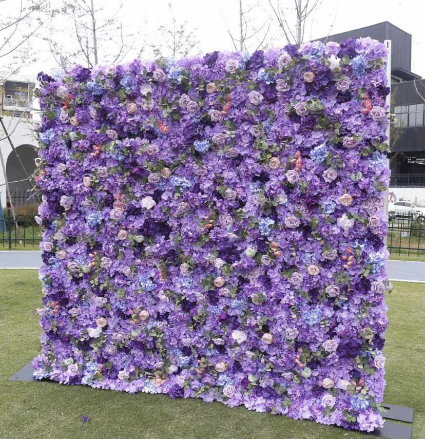 Purple 3D Roll-Up Floral Wall Backdrop Artificial Silk Flower Wall Panel for Baby Shower Wedding Mall Decor