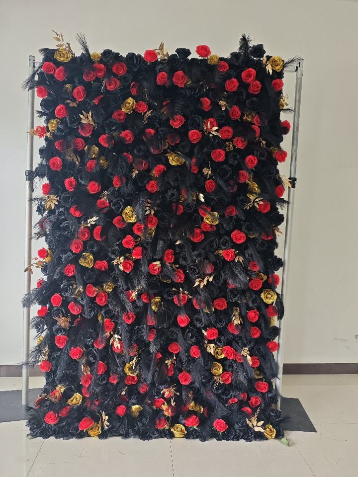 Customized Gold and Black Rose Feather Flower Wall Artificial Flower Wall Wedding Backdrop Wedding Party Halloween