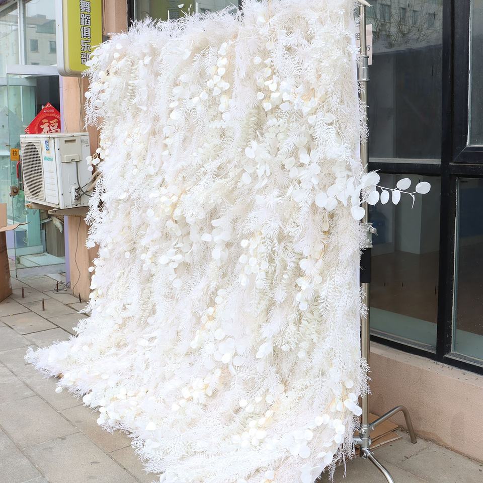 Wedding Supplies Flower Wall Backdrop Custom Cloth 3d Roll-Up Curtain White Silk Artificial Flowers Wall for Wedding Decor