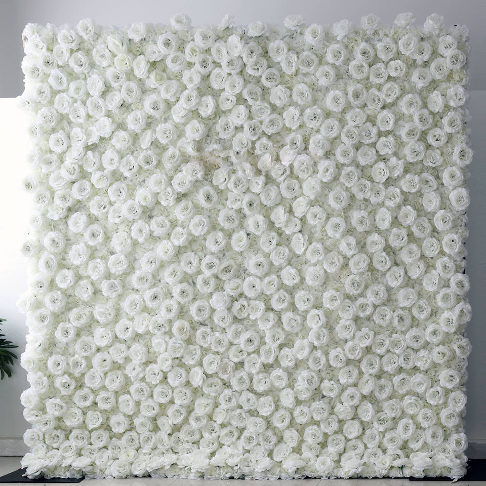 Floral Wall 3D Roll-Up Hanging Ivory Rose Hydrangea Artificial Silk White Flower Wall Backdrop for Wedding Decoration Party