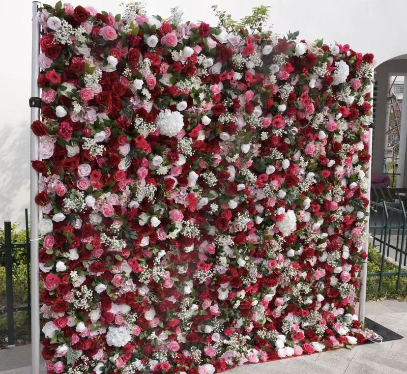 Artificial Flower Wall Decorative Background 3D Roll-Up Silk Ired Rose Flowers Wall Cloth Flower Wall