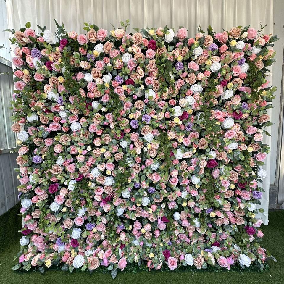 Customized 4D Roll Up Artificial Flower Wall Flower Backdrop Fabric Base Flower Wall Home Wedding Baby Shower Decorations