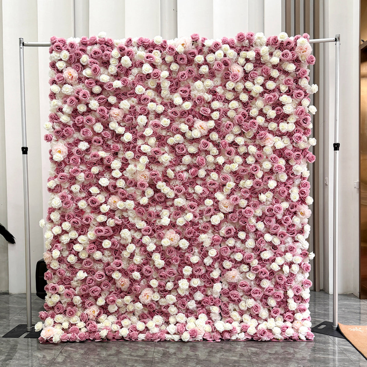 High Quality Roll up Silk Floral Panel Custom 5D Pink Artificial Rose Flower Wall Backdrop Wedding Decoration Background