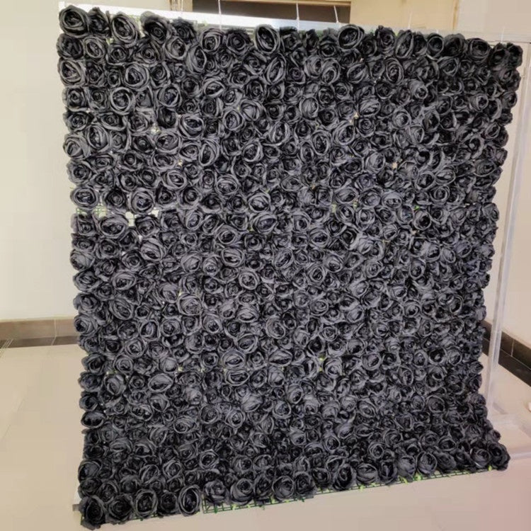 High Quality Silk Pure Black Rose Backdrop Panel Artificial Flower Wall for Event Decoration