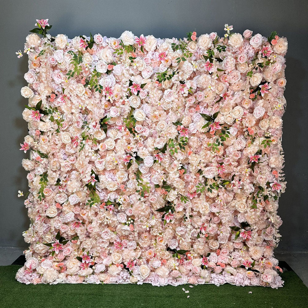 Simulation Pink Lily Rose Wedding Flower Wall 3D Roll up Flower Wall Backdrop Decoration for Part Event Stage Arrangement