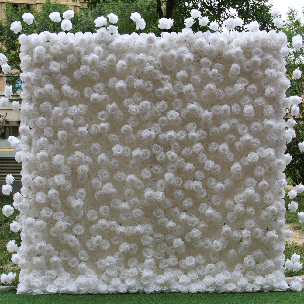 Simulation White Rose Backdrop Wall 3D Roll up Cloth Back Flower Wall Artificial Flower Panel Decoration