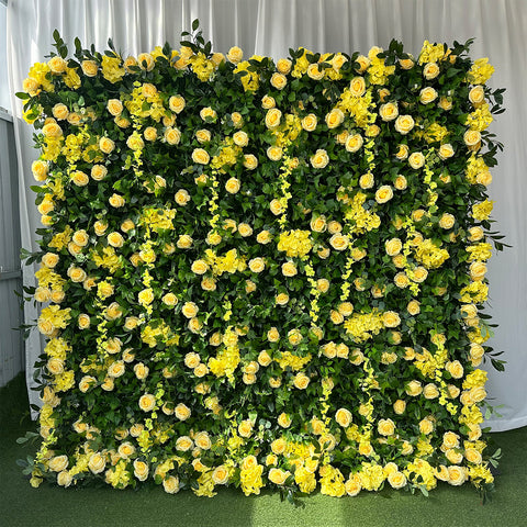Yellow Artificial Rose Hydrangea Flower Wall Green Backdrop for Wedding Photo Booth Studio Party Event Decoration